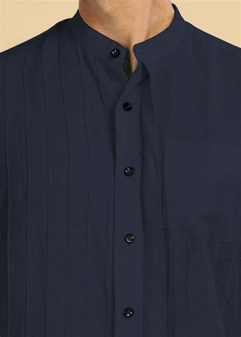 Navy Blue Pure Linen Full Sleeve Shirt and Collar and Pin Tucks for Men ...
