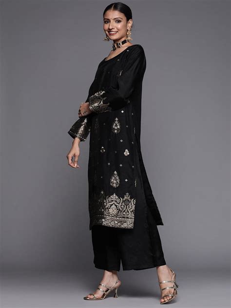 Buy Black Self Design Silk Straight Kurta With Palazzos & Dupatta ...