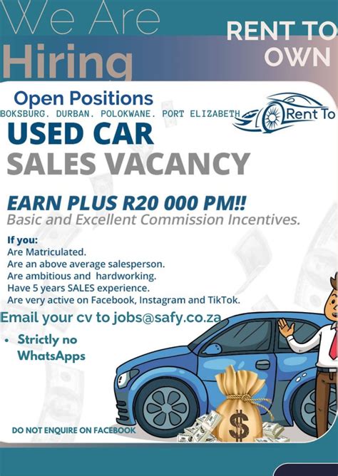 Nasreen Adhikari on LinkedIn: No Finance Cars is hiring! Used Car Sales Vacancy: Earn plus R20 000…