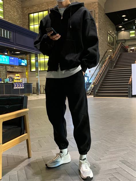 Men Solid Drop Shoulder Drawstring HoodieJoggers | Hoodie outfit men ...