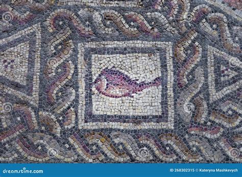 Fish on Fragment of Lod Mosaic, Famous Roman Mosaic Floor in Lod Town ...