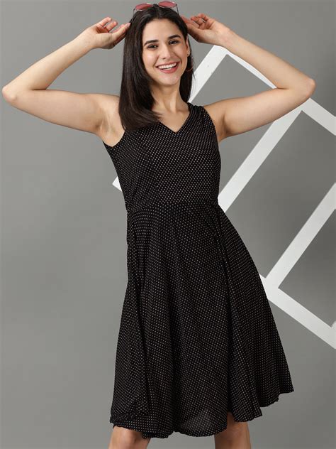 SHOWOFF Women's V-Neck Printed Fit and Flare Black Dress