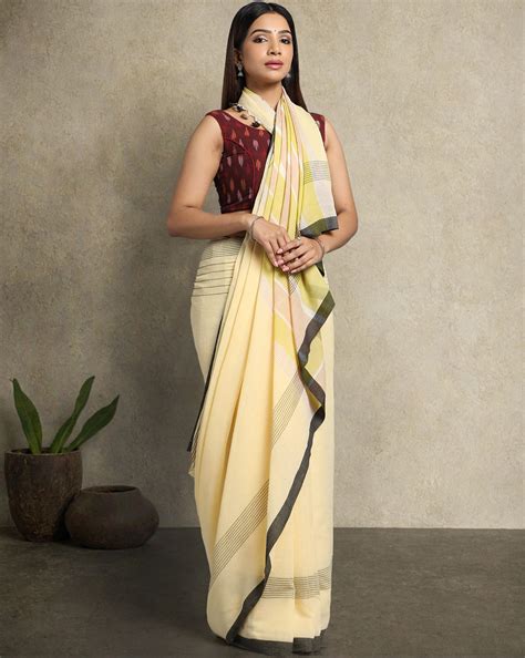 NEW! Yellow Cream Colour Block Handloom Cotton Saree with Pompoms I ...