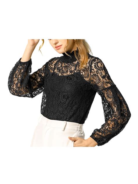 INSPIRE CHIC Women's Floral Lace Top Turtleneck Puff Long Sleeve See ...
