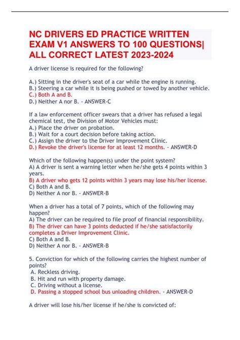 NC DRIVERS ED PRACTICE WRITTEN EXAM V1 ANSWERS TO 100 QUESTIONS| ALL ...