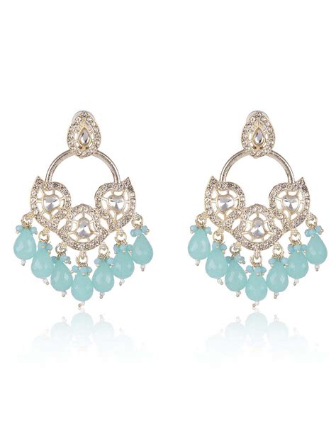 Priyaasi Gold Plated Stone Studded Blue Beaded Drop Earrings