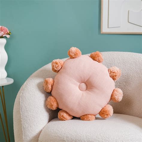Light Peach Firm Sofa Cushion With Pom Poms 17x17 Inch Online - Premium ...
