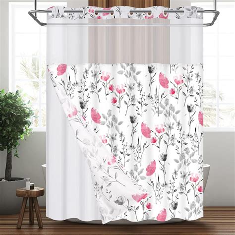 "Ikfashoni Hookless Shower Curtain, Pink Floral, Waterproof Fabric ...