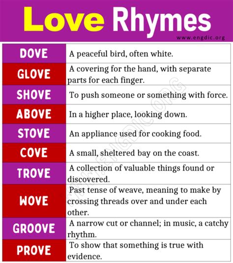 Love Rhyme Words (Words that Rhyme with Love) - EngDic