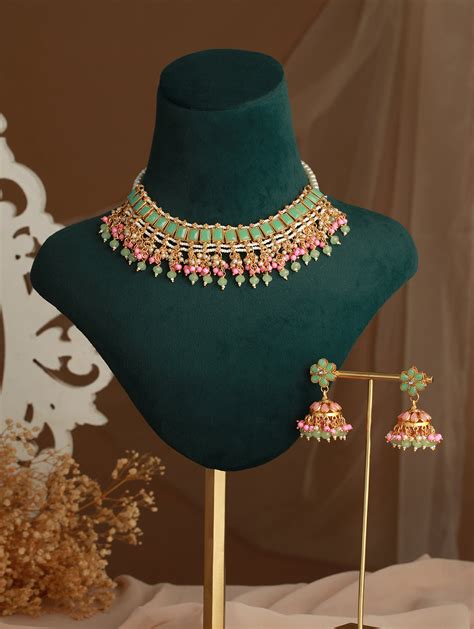 Studded Green & Pink Floral Block Beaded Gold-Plated Jewellery Set ...