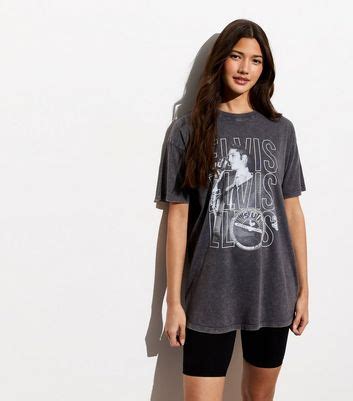 Dark Grey Cotton Acid Wash Elvis Print Oversized T-Shirt | New Look