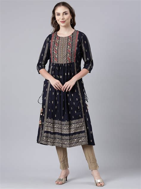 Neerus Navy Blue Pleated Straight Floral Kurtas – Neerus India