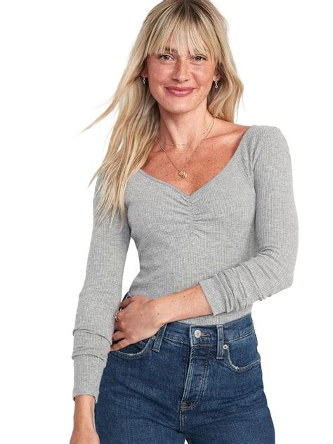 SIGHTBOMB V Neck Cringed Front Full Sleeve Ribbed Top For Women (Small ...