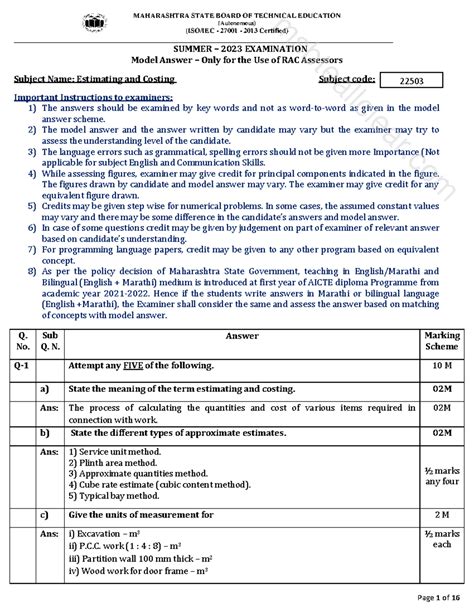 Model Answer for Estimating and Costing (22503) - Summer 2023 Exam ...