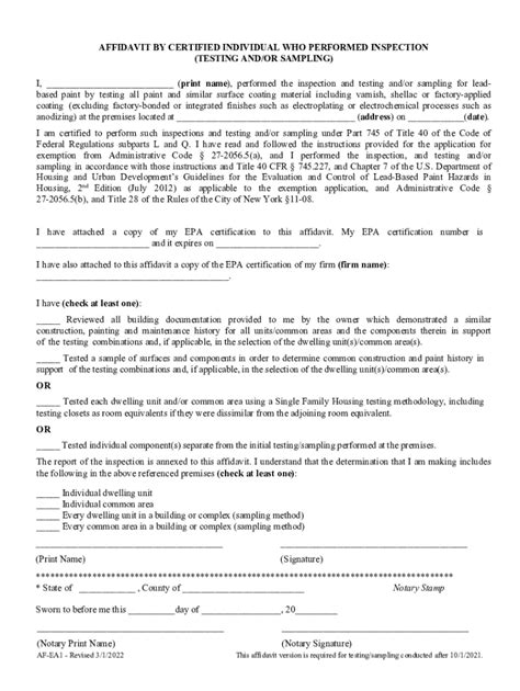 Lead-Based Paint Inspection Affidavit - Blank Fillable Template | Fill ...