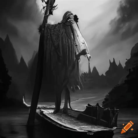 Charon the ferryman crossing the River Styx in black and white on Craiyon