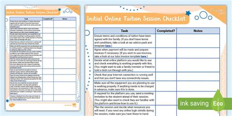 Initial Online Tuition Session Checklist