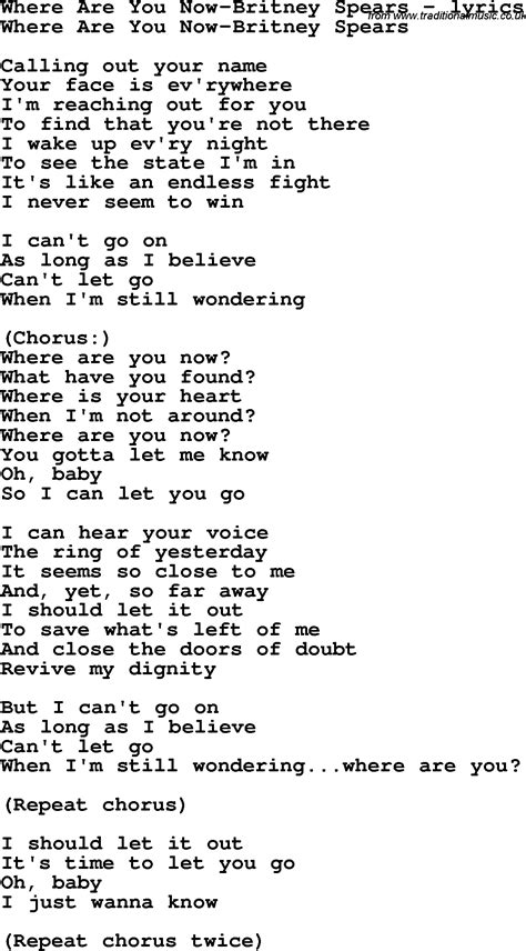 Love Song Lyrics for:Where Are You Now-Britney Spears