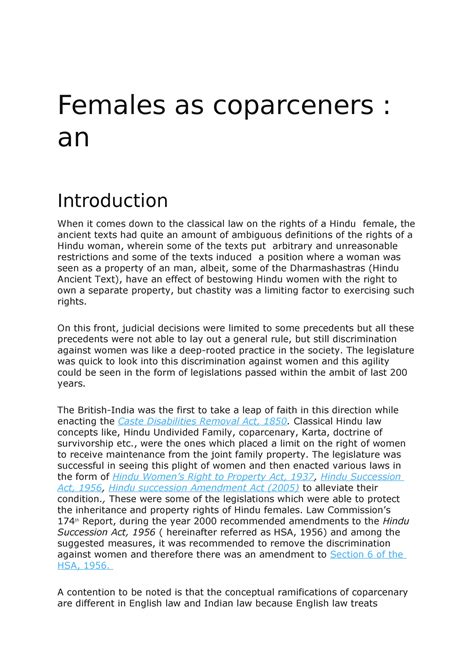 Females as coparceners - On this front, judicial decisions were limited ...