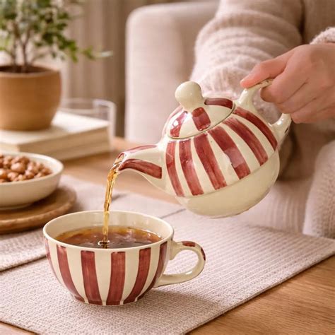Handmade Ceramic Striped Tea Pot and Cup Set – Coral Pink & White Ston ...