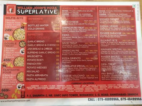 Menu at William John's Pizza Superlative Sindhu Bhavan, Ahmedabad