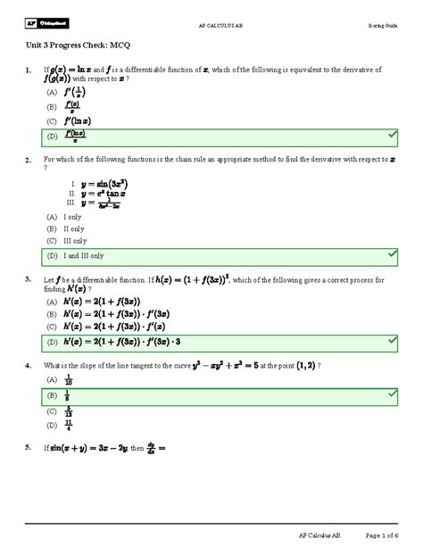 AP Calculus AB Unit 3 MCQ Answers and Progress Check Guide - Studocu