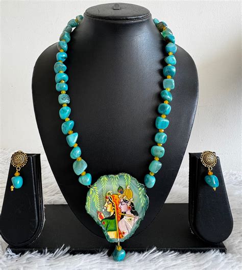 Hand painted radhe-krishna sliced agate pendant with sea green onyx be ...