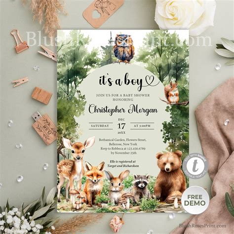 Woodland Baby Shower Invitation Template EDITABLE Forest Greenery ...