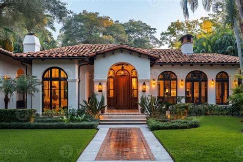 Luxurious Spanish Revival style house featuring clay tile roof, arched ...