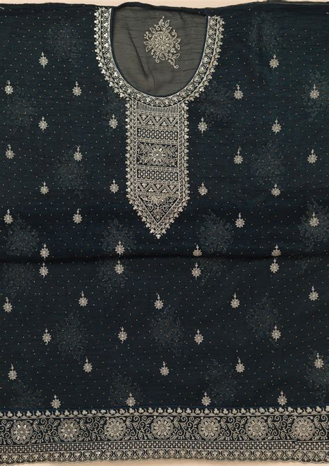 Buy Peacock Blue Zariwork Art Silk Unstitched Salwar Suit - Koskii