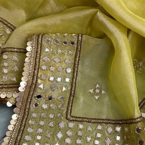 Engagement wali saree - Lime green mirror work hand embroidered kadhwa ...