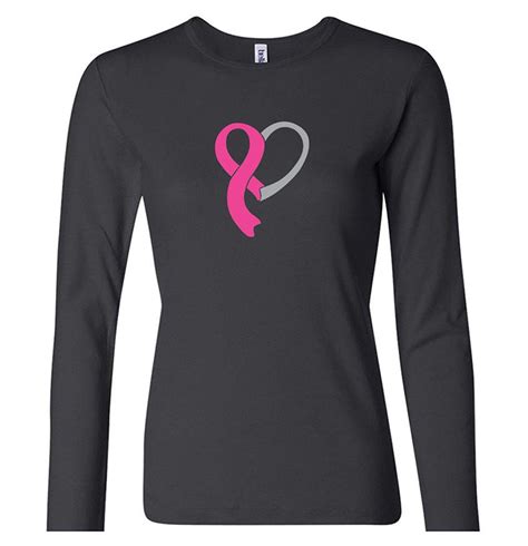 Ladies Breast Cancer Awareness Heart Ribbon Long Sleeve Tee - Black, XL ...