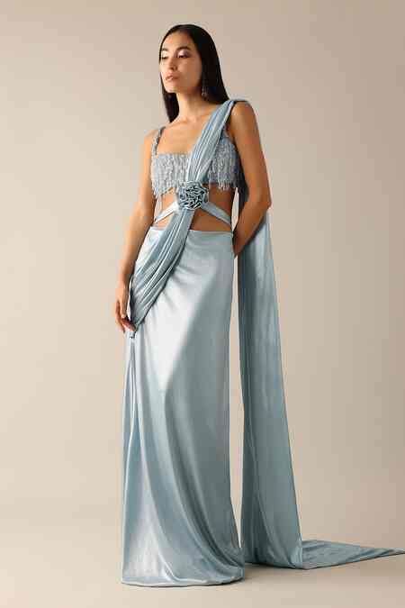 Buy Blue Lycra Beads Sweetheart Neck Pearl Pre-pleated Saree With ...