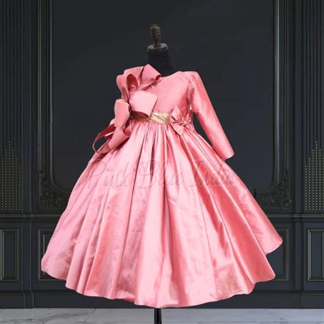 Girls Peachish Pink Birthday Gown with Bow