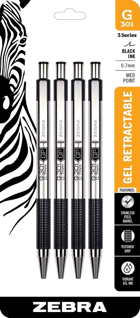 Zebra Pen G-301 Stainless Steel Retractable Gel Pen, Medium Point, 0.7mm, Black Ink, 4-Ct ...