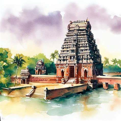 Watercolor painting of temple | Tamilnadu temple |painting | Beach art painting, Landscape art ...