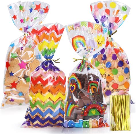 Amazon.com: Bigqin 100Pcs Cellophane Treat Bags 4 Patterns Plastic ...