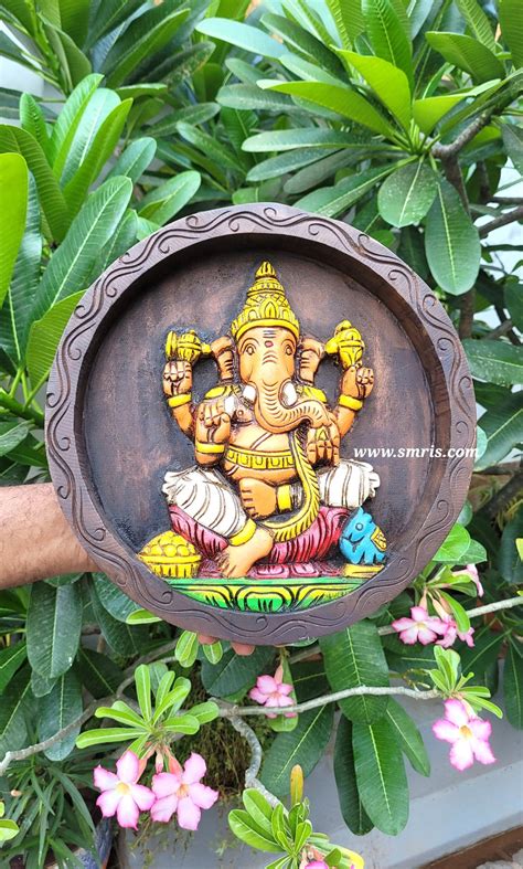 Lord Ganesha Round Wall Panel Frame Wooden Carving Pooja Room Decor En ...