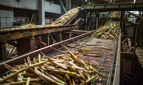 Sugarcanes on a conveyor belt in sugar processing factory | Premium AI ...