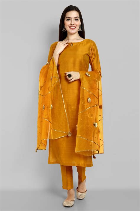 Key Hole Goldenrod Mustard Boat Neck Style Kurta with Elasticated Pant ...