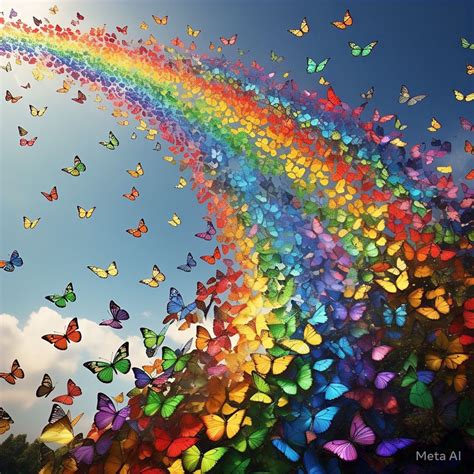 Trillions of rainbow butterflys river inthe clouds, flying out of a ...