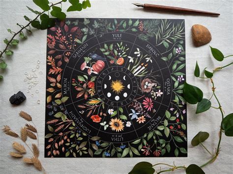 Wheel of the Year - Pagan Holiday Calendar - Botanical Art Print - Moon ...