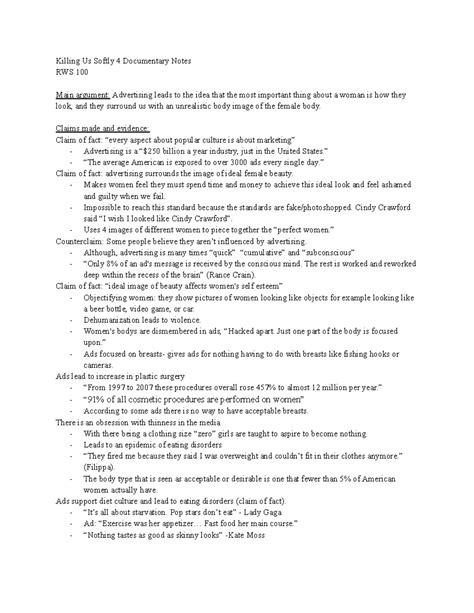 Killing Us Softly 4 Documentary Notes - Claims made and evidence: Claim ...