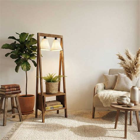 Francis Wooden Floor Lamp with Brown Base and Jute Fabric Lampshade