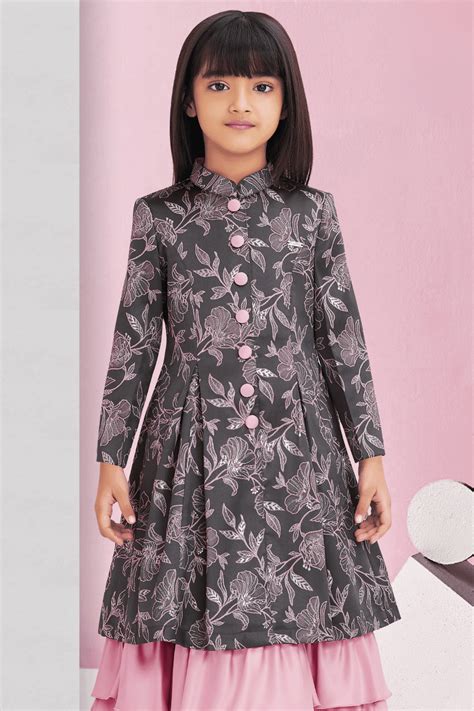 Grey with Onion Pink Foil Print Overcoat Styled Long Gown For Girls ...