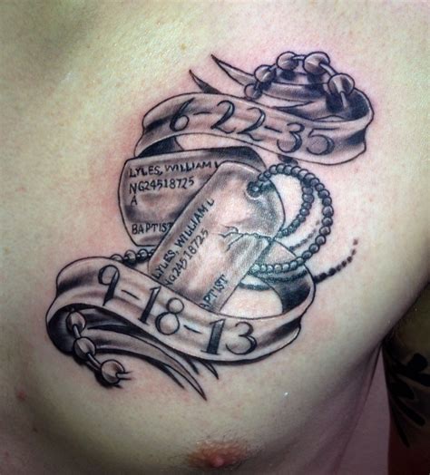 Memorial tattoo dog tags black and grey work done by Aj at wicked ways ...