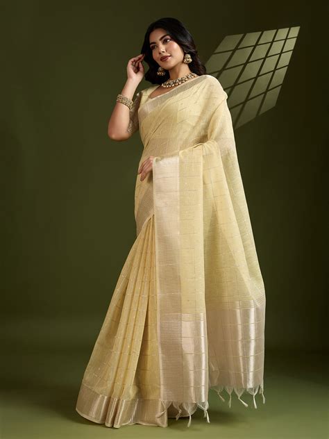 Buy Light Yellow Tissue Linen Silk Zari Woven Designer Saree With ...