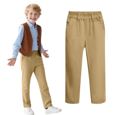 bbymog Boys Khaki Pants Solid Color Elastic Waist Straight Uniform ...