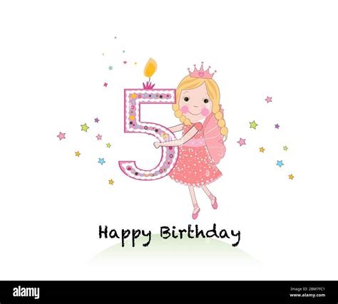Happy fifth birthday candle. Girl greeting card with cute fairy tale ...