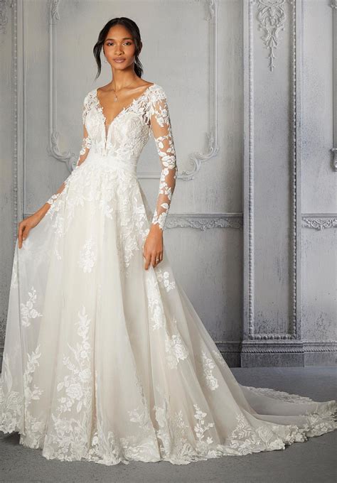 V-Neck Wedding Dresses Lace Long Sleeves Sheer Bodice Bridal Gown A ...